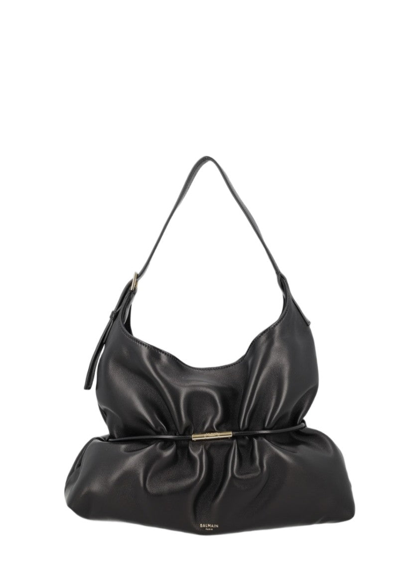 Balmain Black Gathered Metallic Accent Leather Shoulder Bag