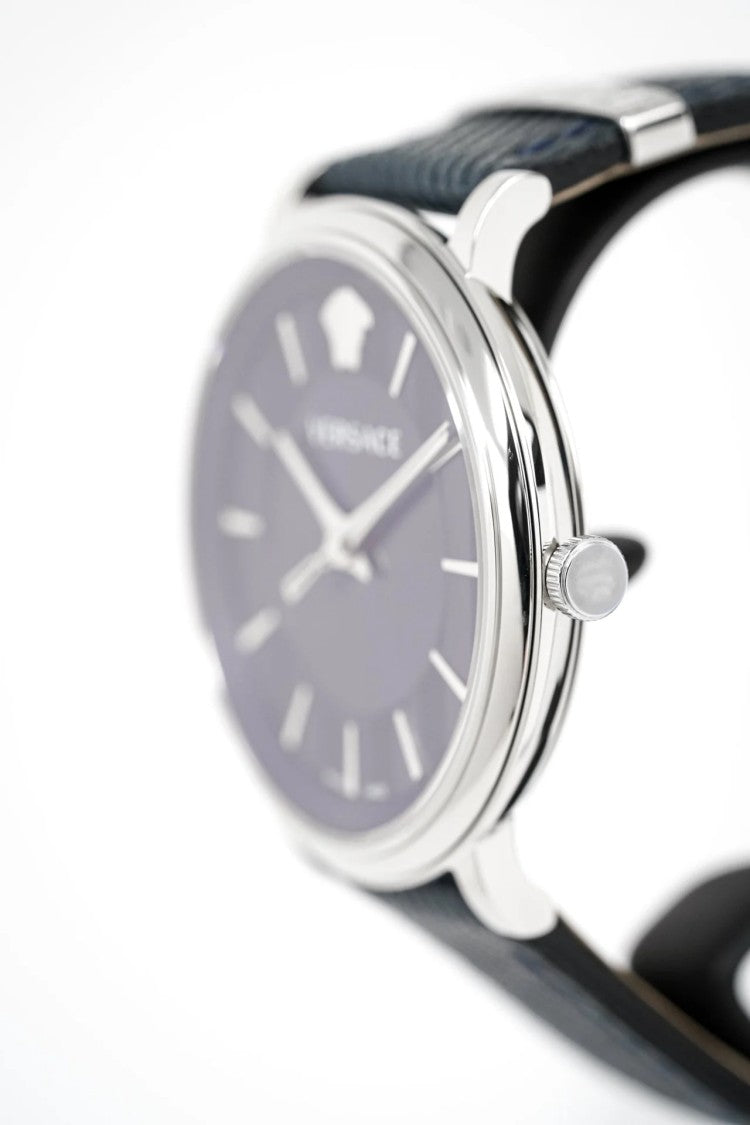 Versace Stainless Steel Quartz Watch With Deep Blue Dial And Calf Leather Strap