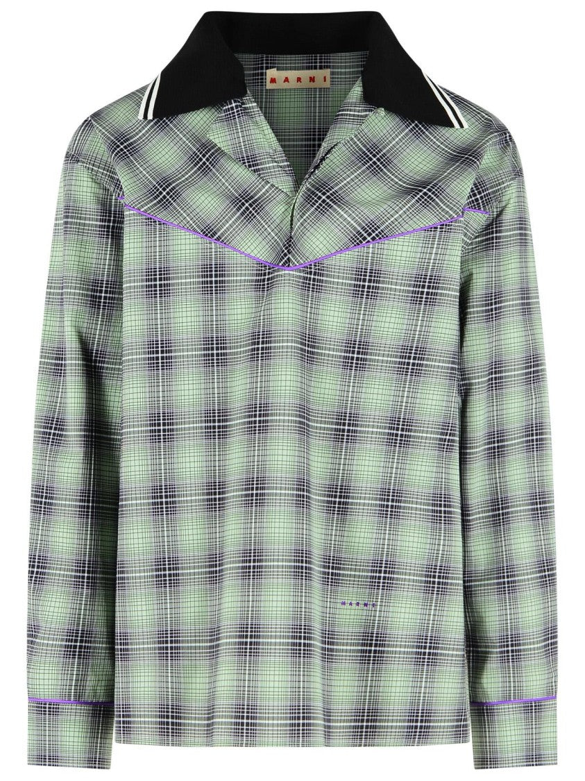 Marni Checked Green Cotton Casual Shirt With Wide Collar