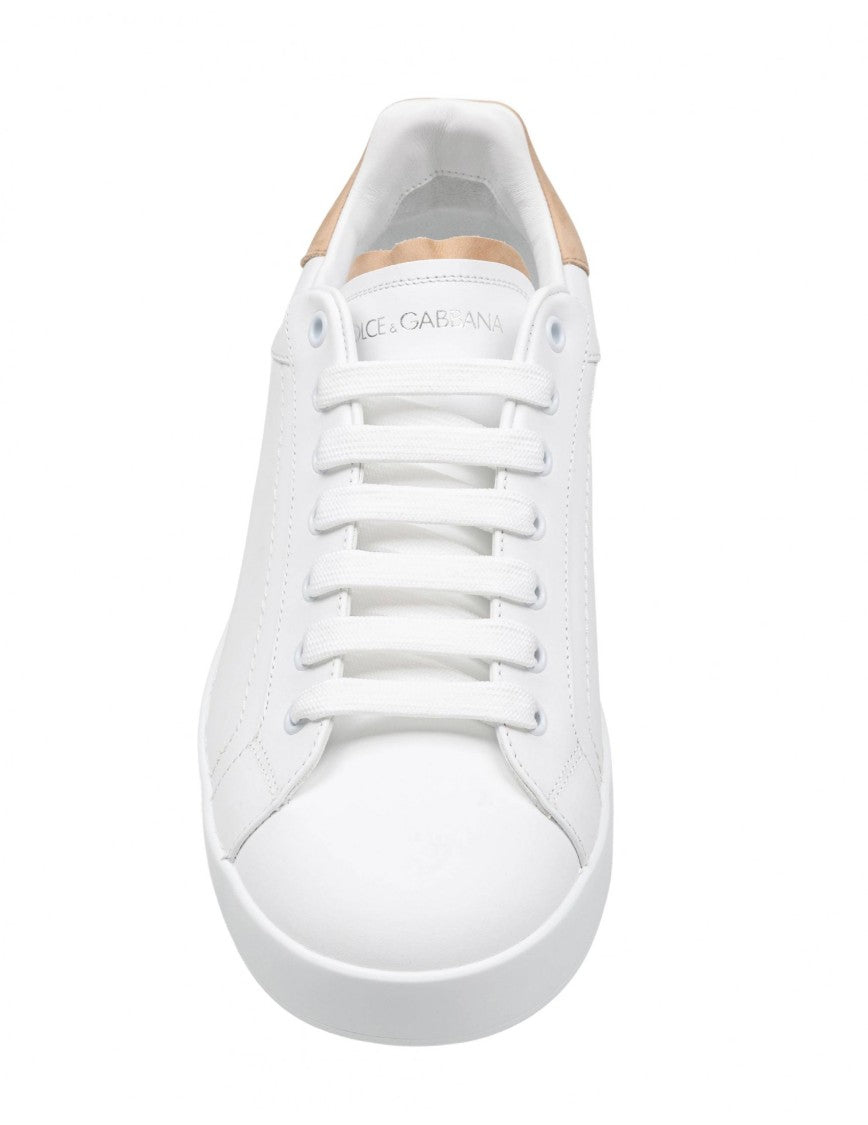 Dolce & Gabbana Portofino Leather Sneakers In White And Tan