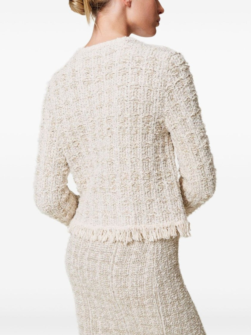 Twin-Set Cropped Textured Jacket With Fringe Detailing