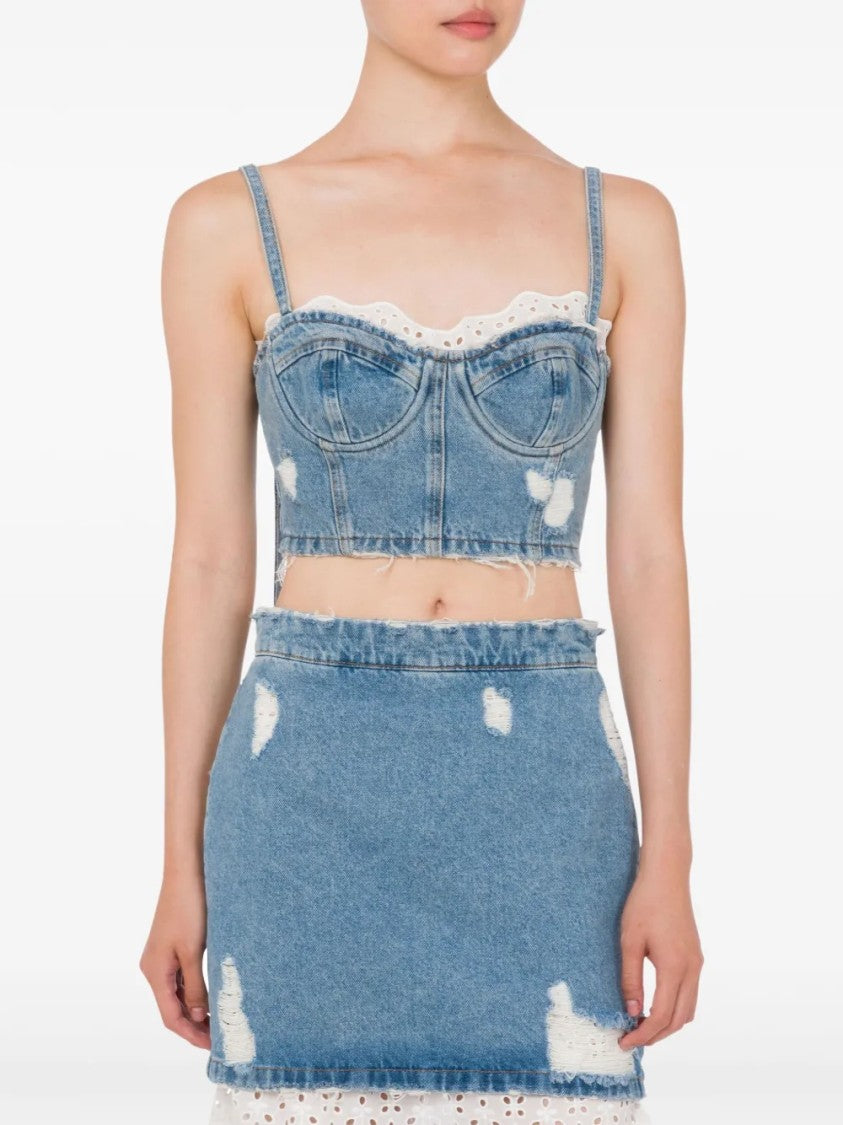 Moschino Distressed Denim Cropped Top With Structured Bustier Design
