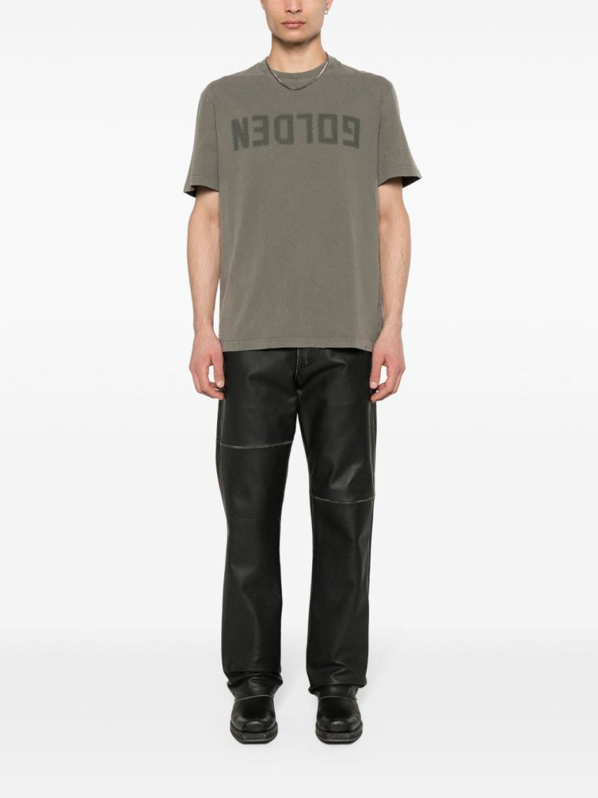 Golden Goose Muted Green Ribbed Cotton T-Shirt With Bold Graphic