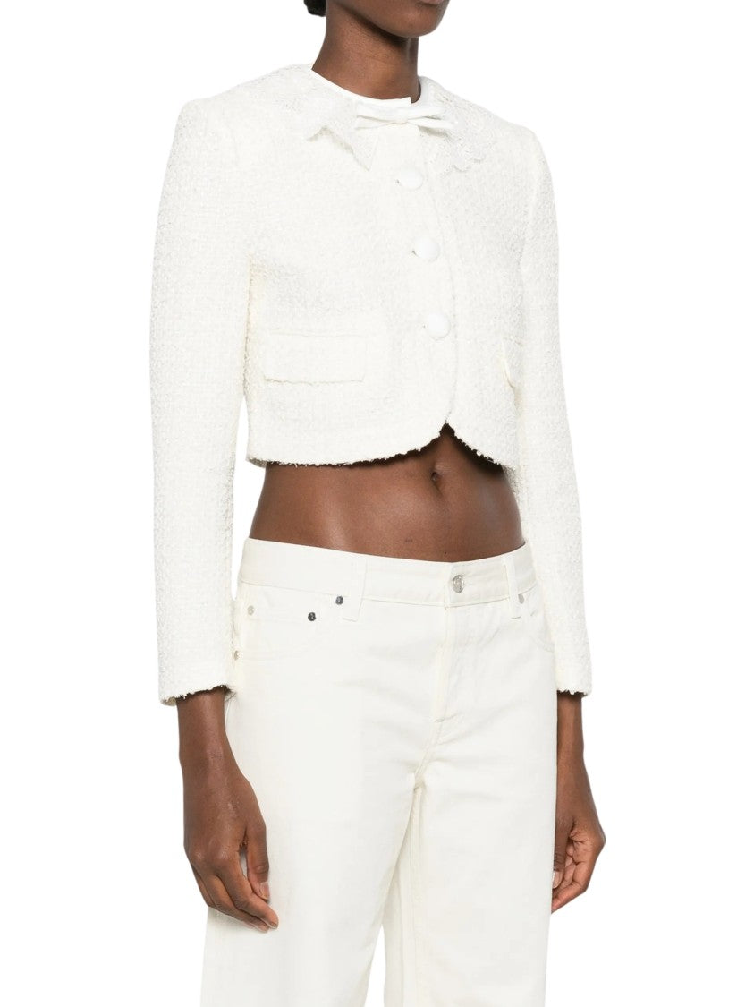 Self-Portrait White Boucle Cropped Textured Blazer
