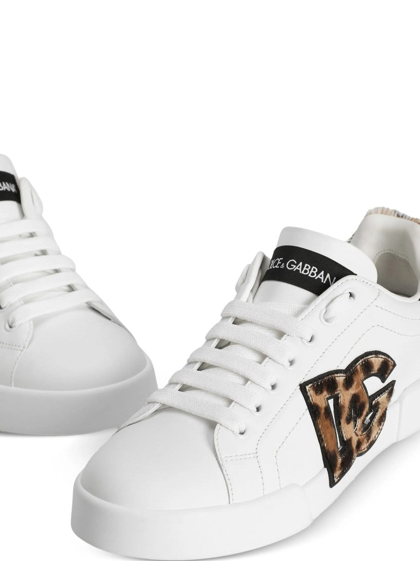Dolce & Gabbana White Low-Top Leopard Print Accent Sneakers