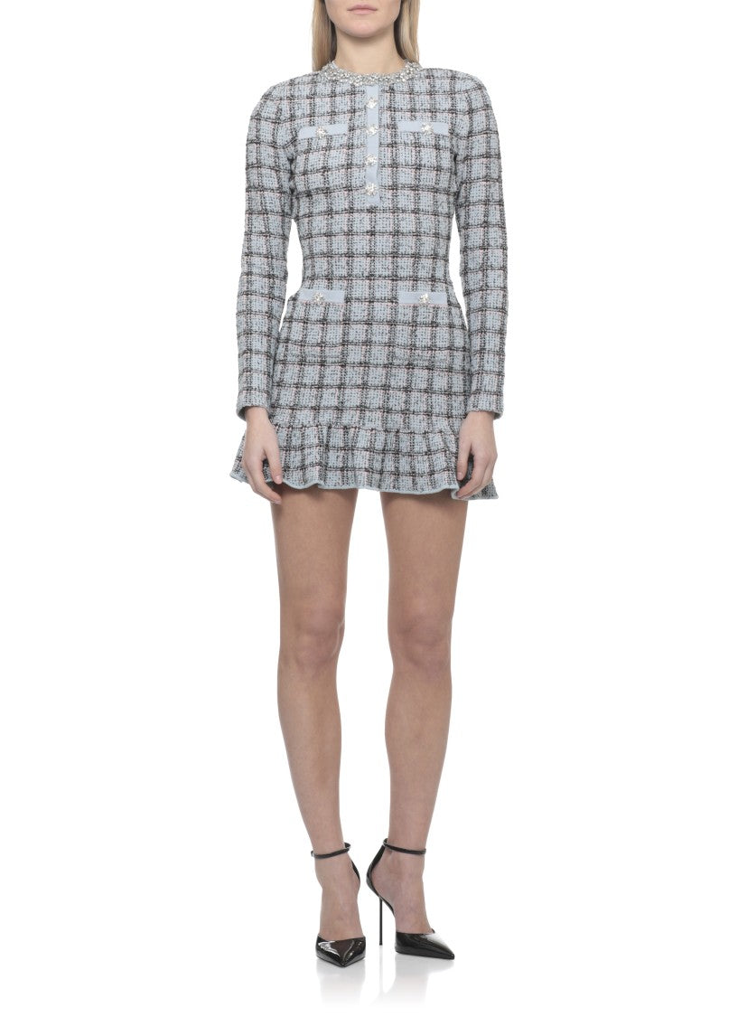 Self-Portrait Check Pattern Knit Dress With Jewel Button Accents