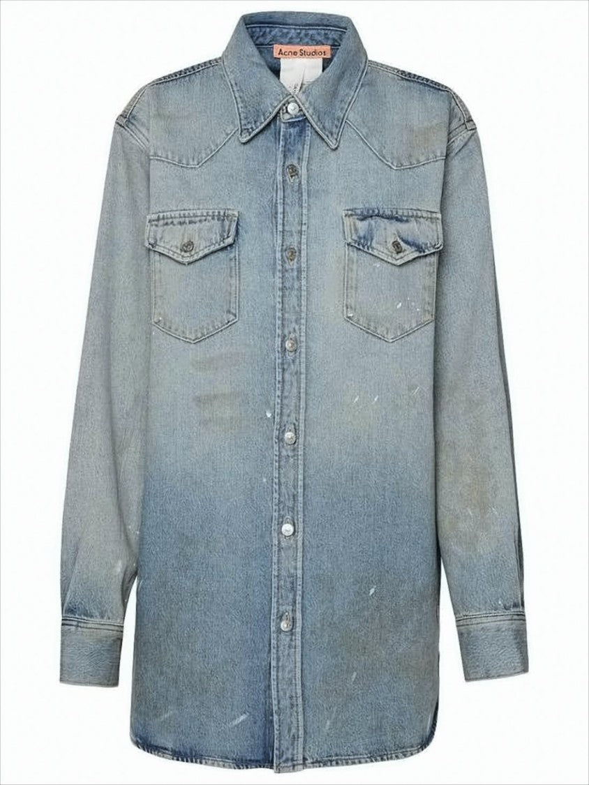 Acne Studios Light Blue Button-Down Denim Shirt With Distressed Finish