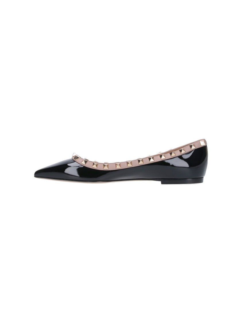 Valentino Garavani Black Rockstud Pink Detail Patent Ballerinas