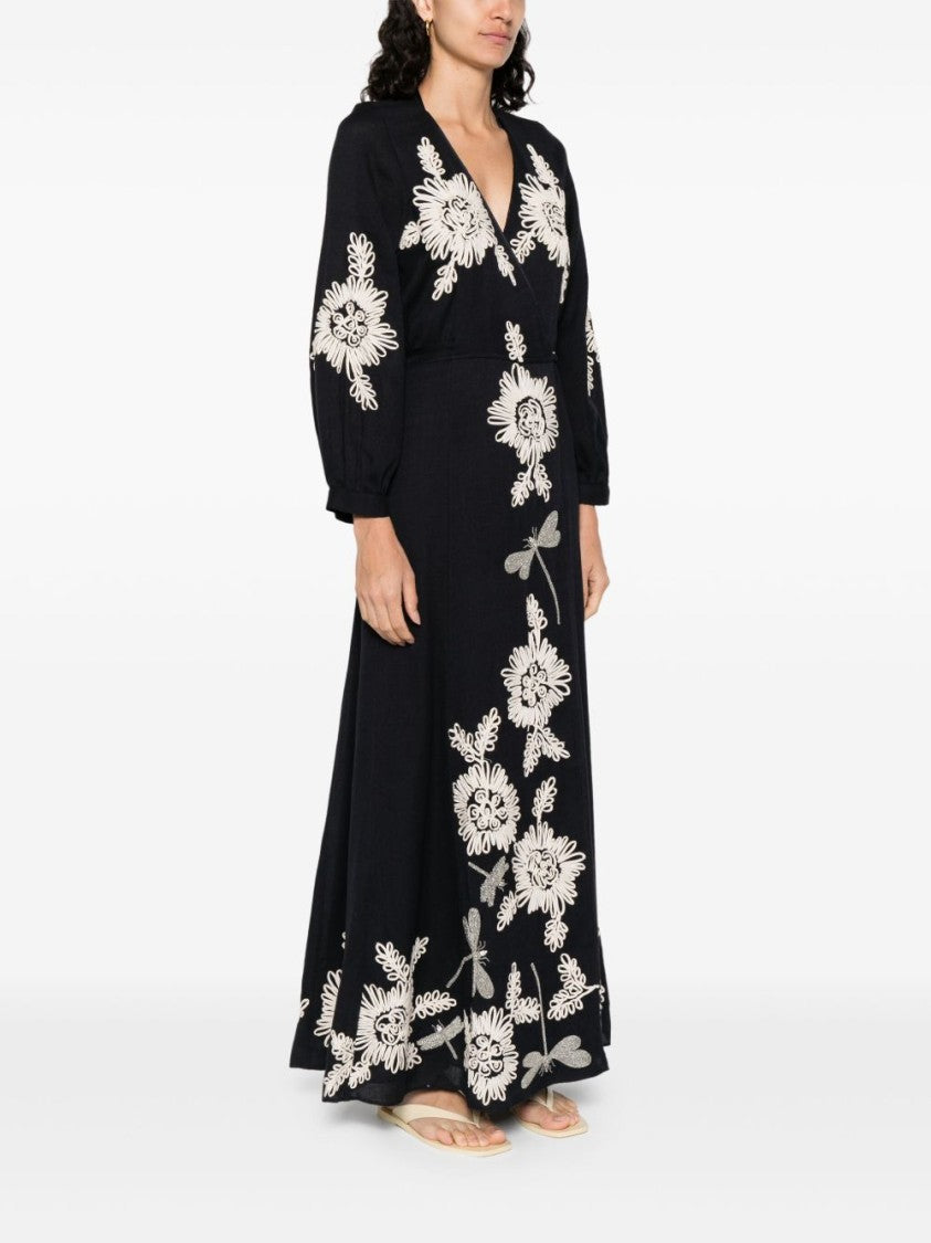 Forte Forte Wrap-Style Black Maxi Dress With Floral Embroidery