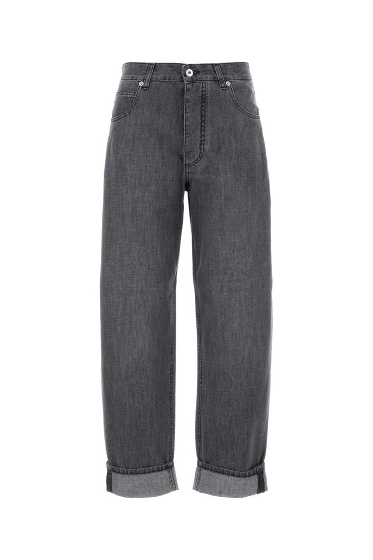 Bottega Veneta Mid-Length Relaxed Fit Grey Denim Jeans With Rolled Cuffs