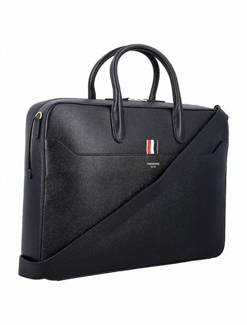Thom Browne Textured Calf Leather Shoulder Bag With Tri-Color Stripe