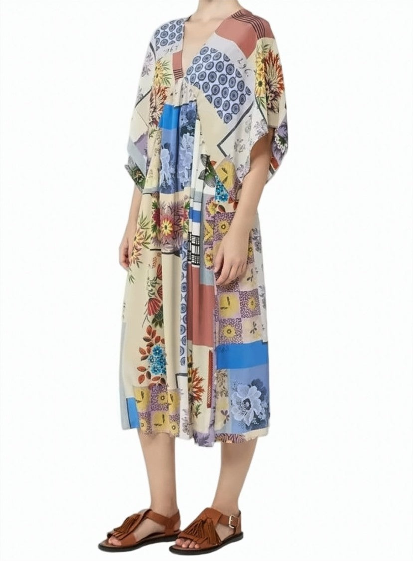 Weekend Multicolor Patchwork Floral V Neck Dress