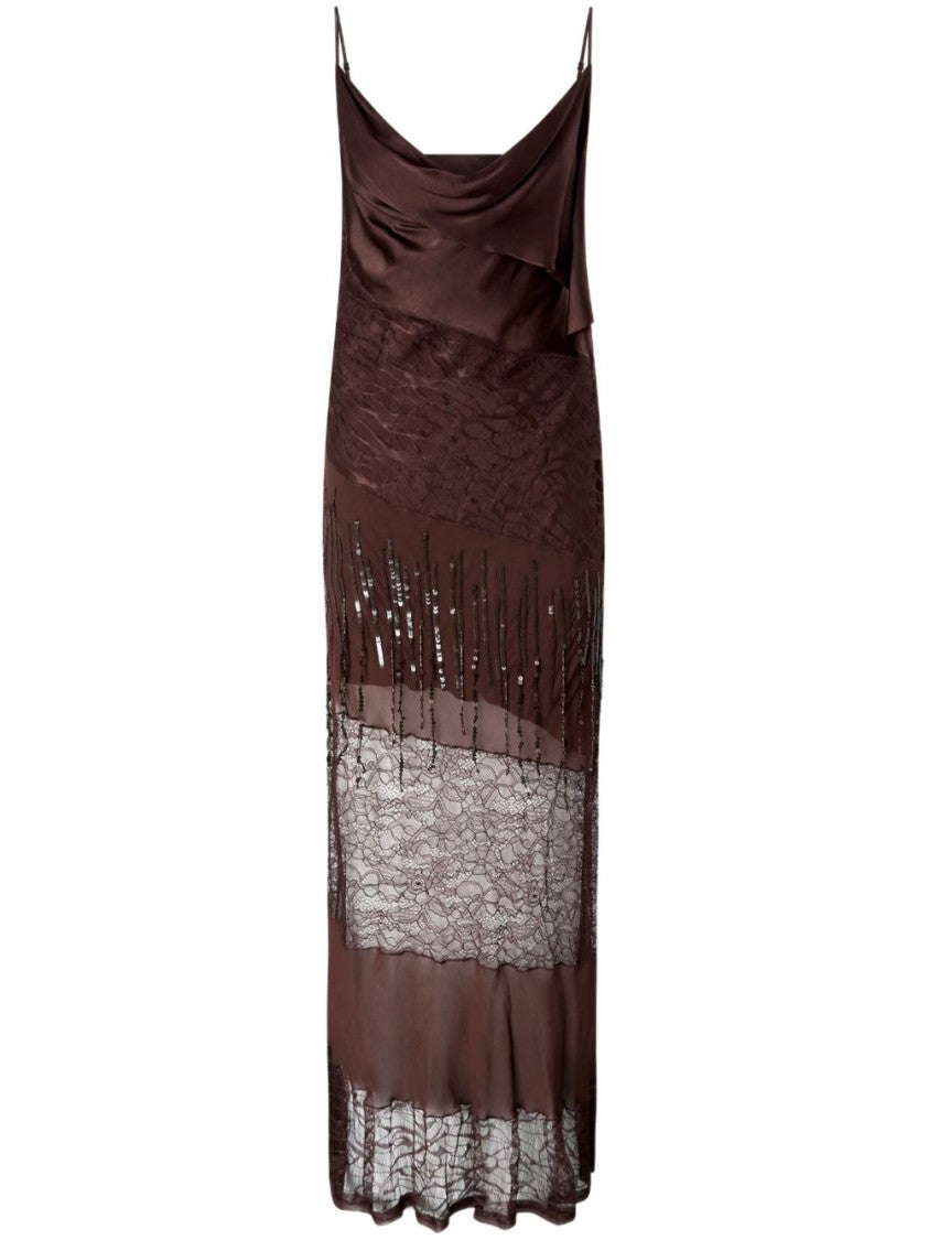 Pinko Brown Dress With Textured Panels And Intricate Detailing