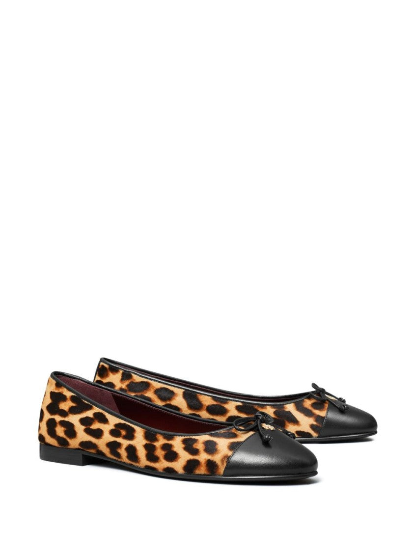 Tory Burch Leopard Print Bow-Detail Ballerina Shoes In Smooth Grain Calf Leather