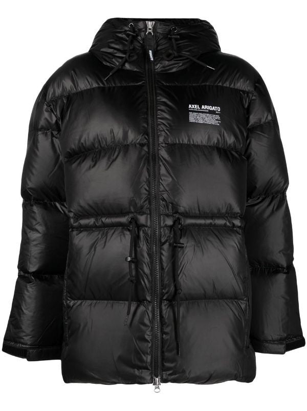 Axel Arigato Glossy Black Puffer Jacket With Adjustable Waist And Hood