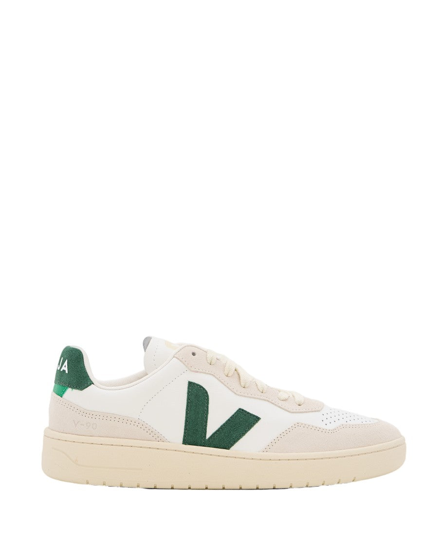 Veja White/Green V-90 Leather Low-Top Sneakers