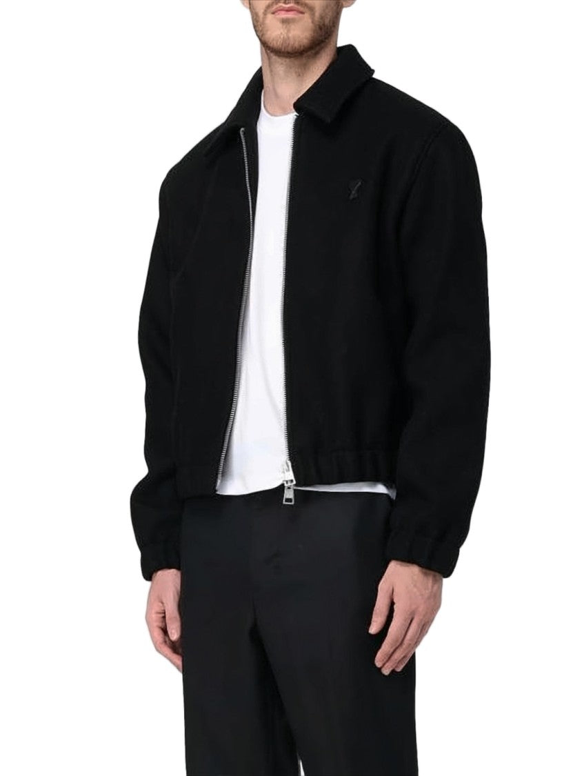 Ami Paris Slightly Cropped Wool Jacket With Classic Collar And Embroidered Logo