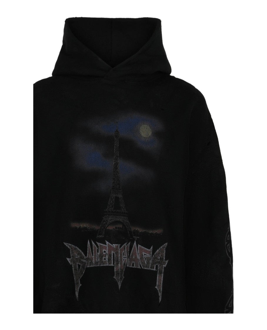 Balenciaga Oversized Fleece Hoodie With Vintage Eiffel Tower Graphic