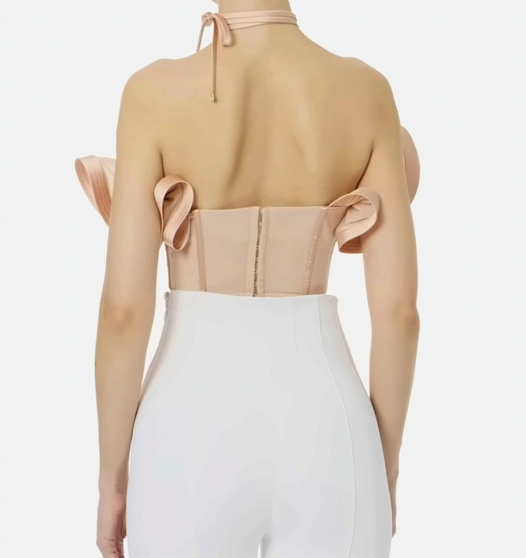 Elisabetta Franchi Satin Bandeau Tulle Maxi Ruffles Top
