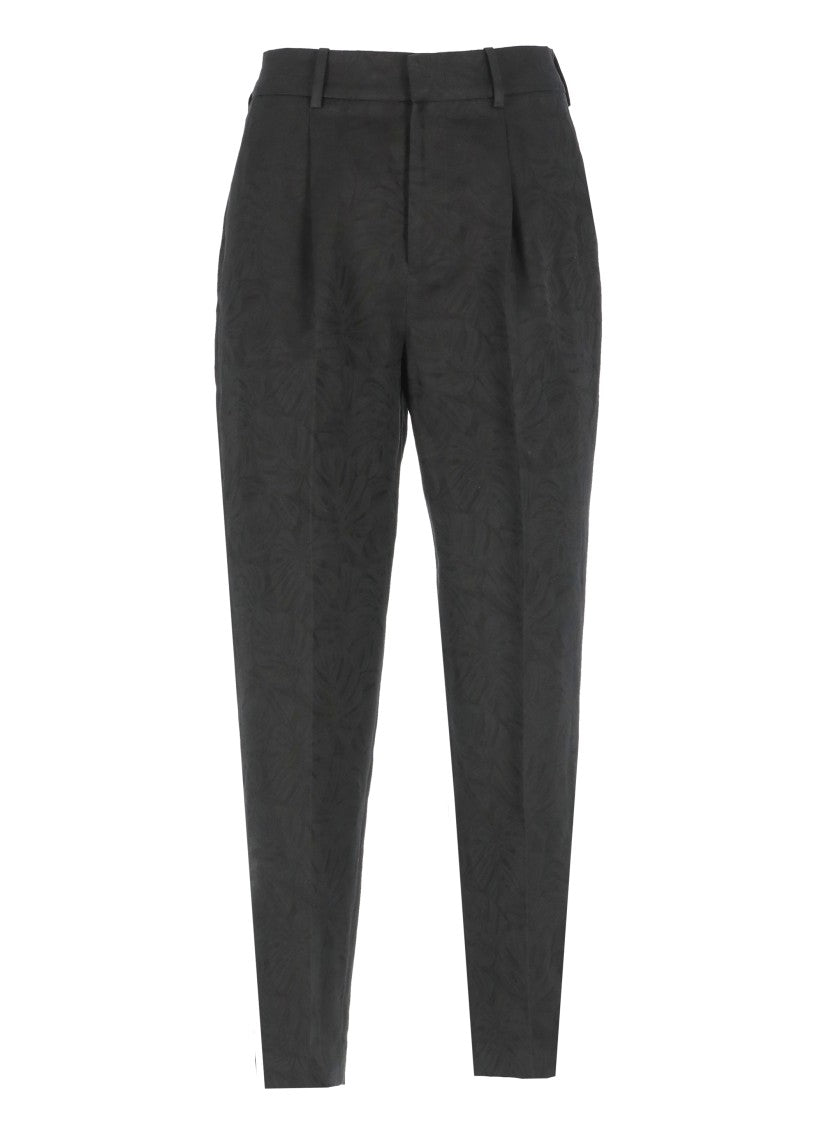 Pt Torino Palazzo Pants In Black Linen And Cotton With Floral Pattern