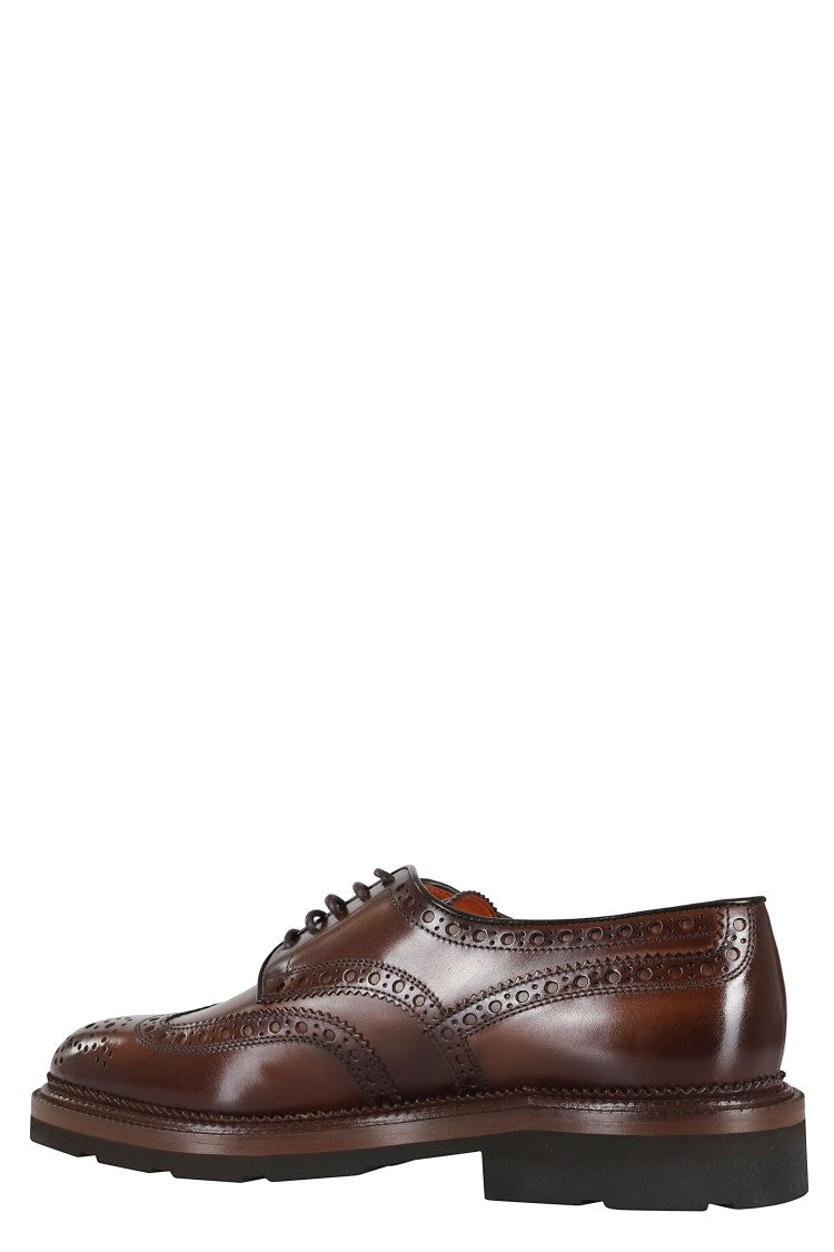 Santoni Brown Leather Lace-Up Shoes With Brogue Detailing