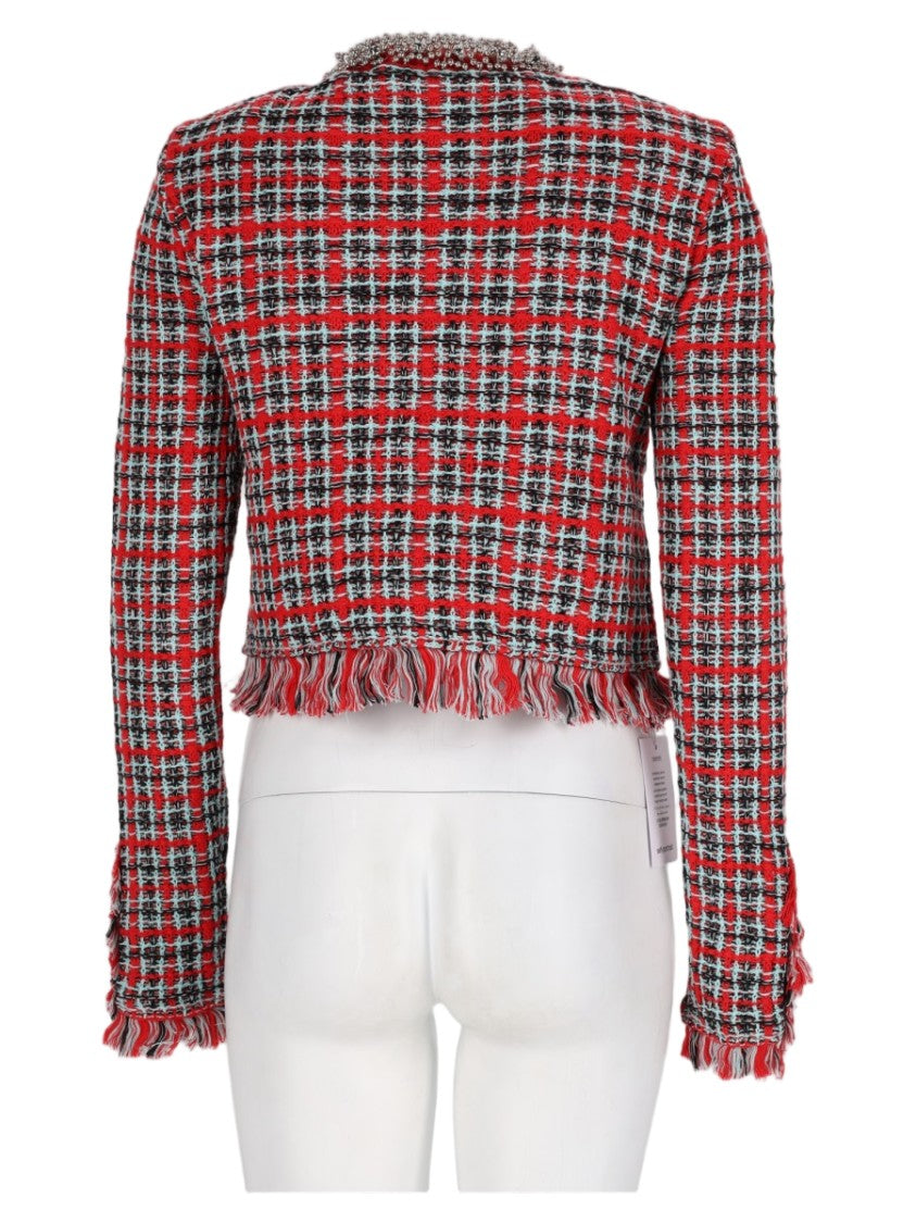 Self-Portrait Red Checkered Fringed Cotton-Blend Cropped Jacket