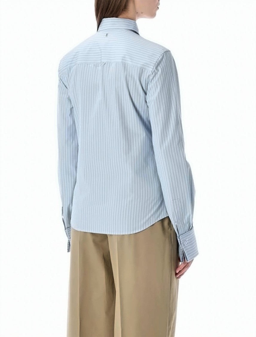 Ami Paris Light Blue Striped Shirt With Ruffled Placke