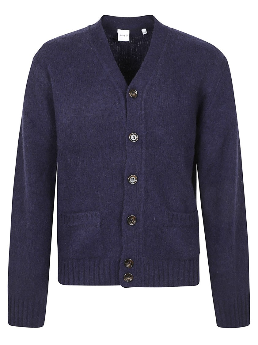 Aspesi Navy Wool Cardigan With Button Fastening And Ribbed Accents