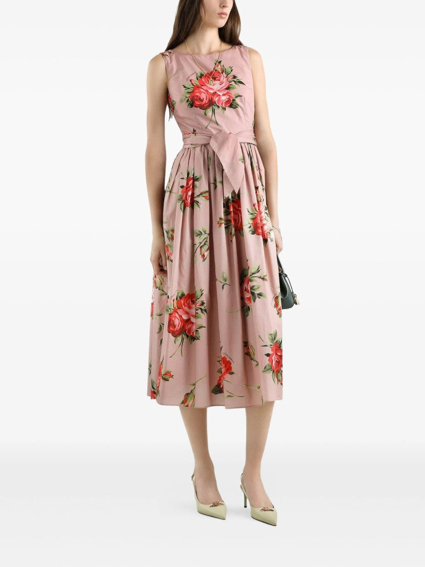 Dolce & Gabbana Sleeveless Midi Floral Pleated Cotton Dress