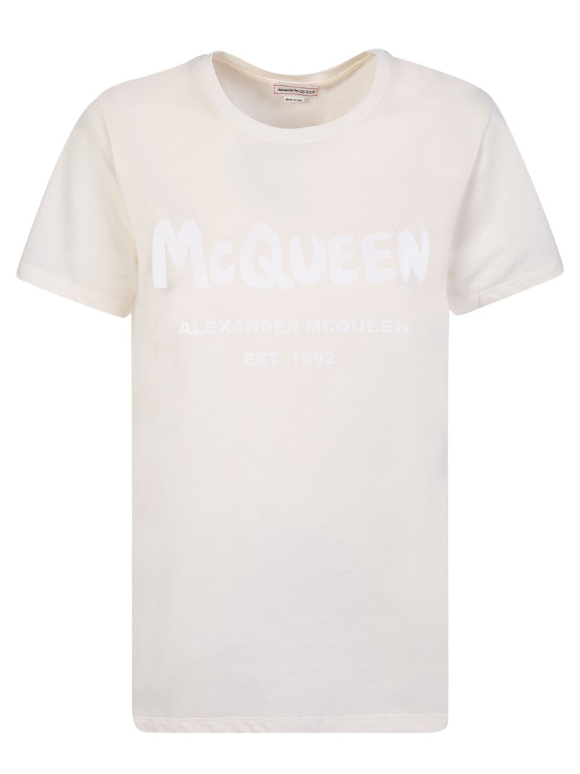 Alexander Mcqueen Beige T-Shirt With Printed Graffiti Logo