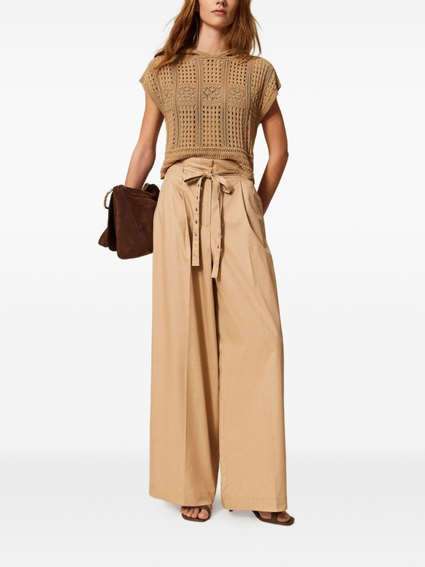Twin-Set Beige Cotton Belted Palazzo Pants