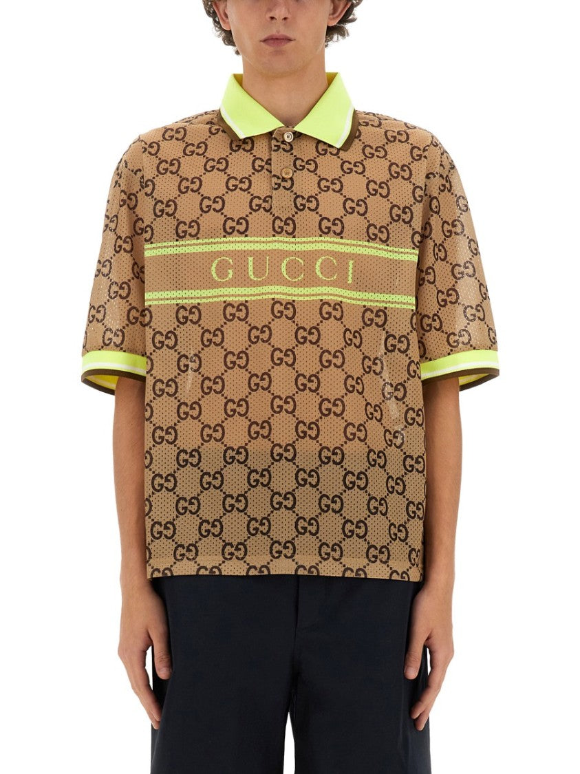 Gucci Brown Gg Print Polyester Monogram Polo Shirt