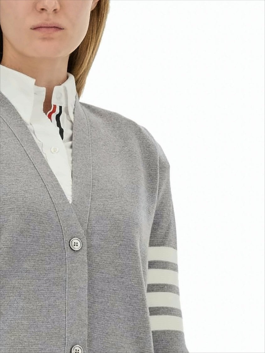 Thom Browne Light Grey Merino Wool Cardigan With Signature Stripe Accents