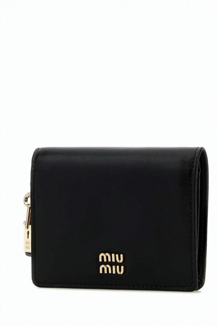 Miu Miu Rectangular Black Calf Leather Wallet With Gold-Tone Charm