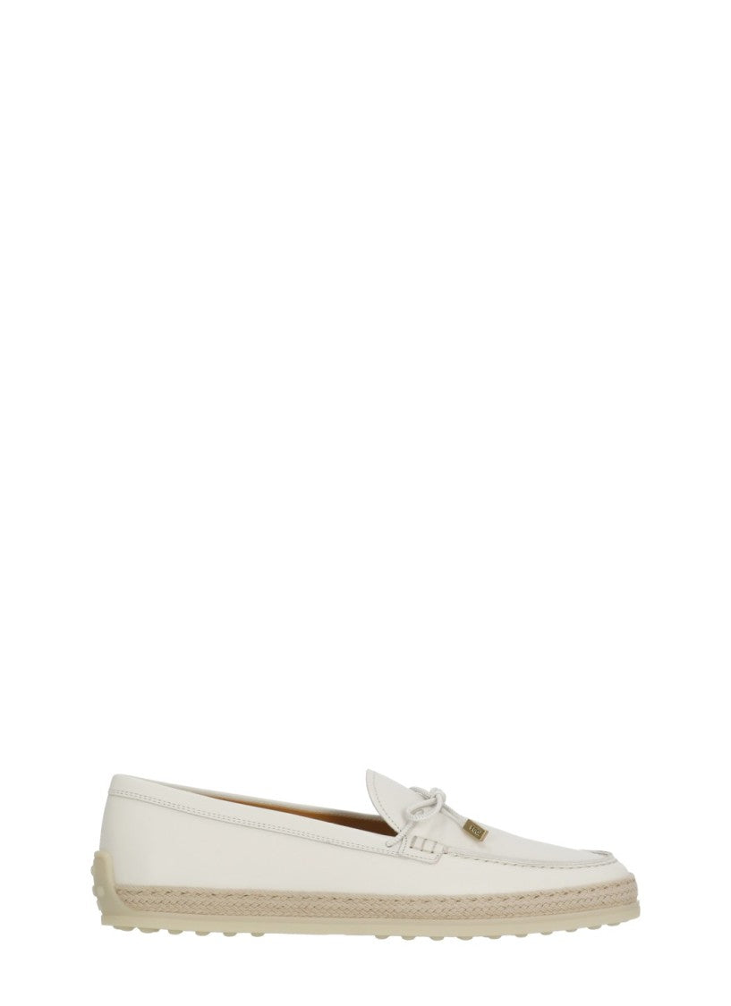 Tod's Ivory Rafia Detail Leather Loafers