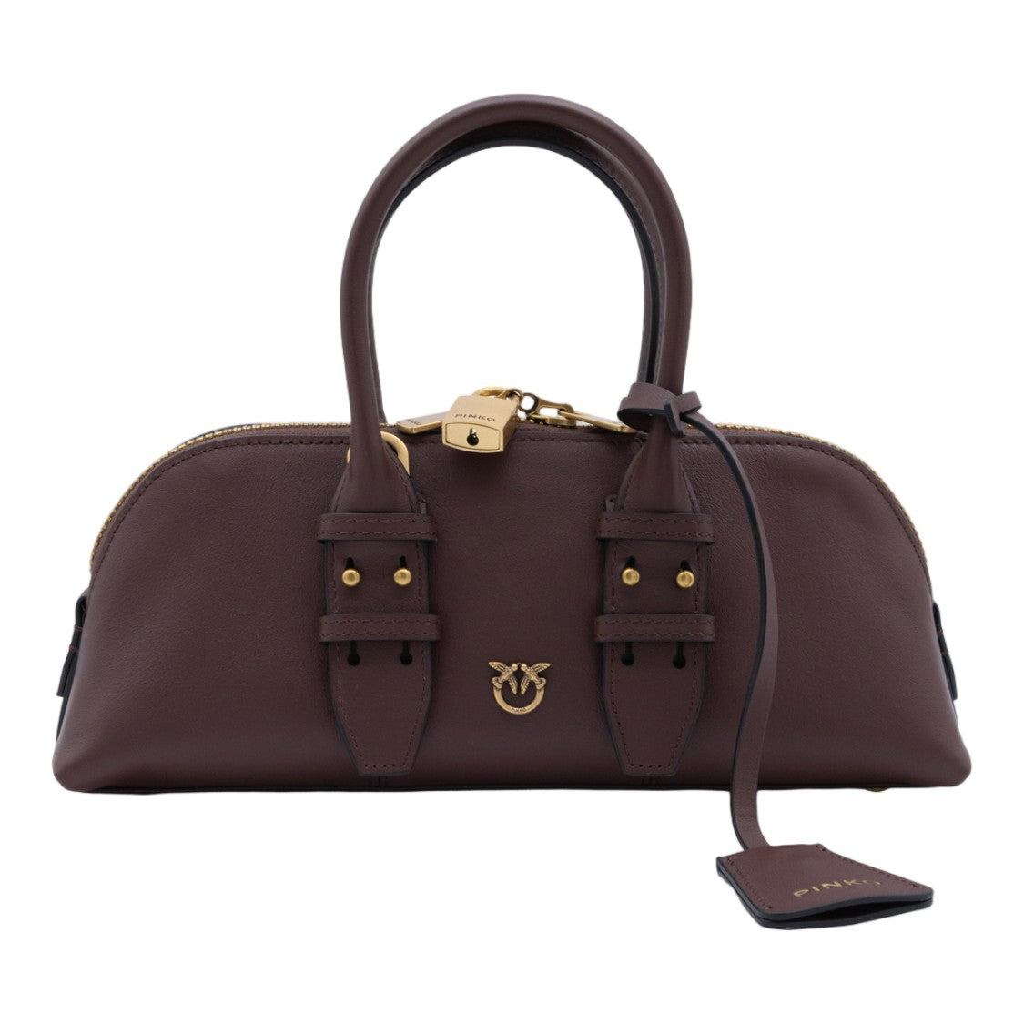 Pinko Sleek Elongated Brown Leather Handbag With Gold-Tone Accents