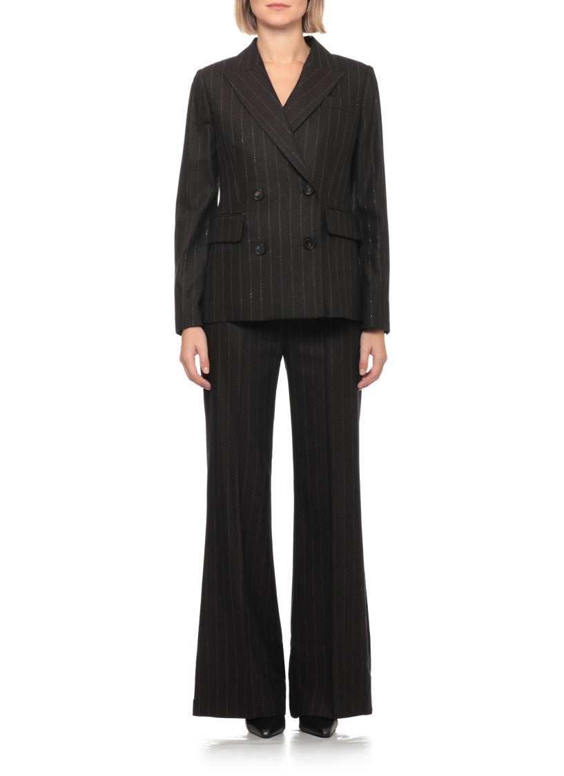 D. Exterior Brown Pinstriped Sequin Wool Double-Breasted Blazer