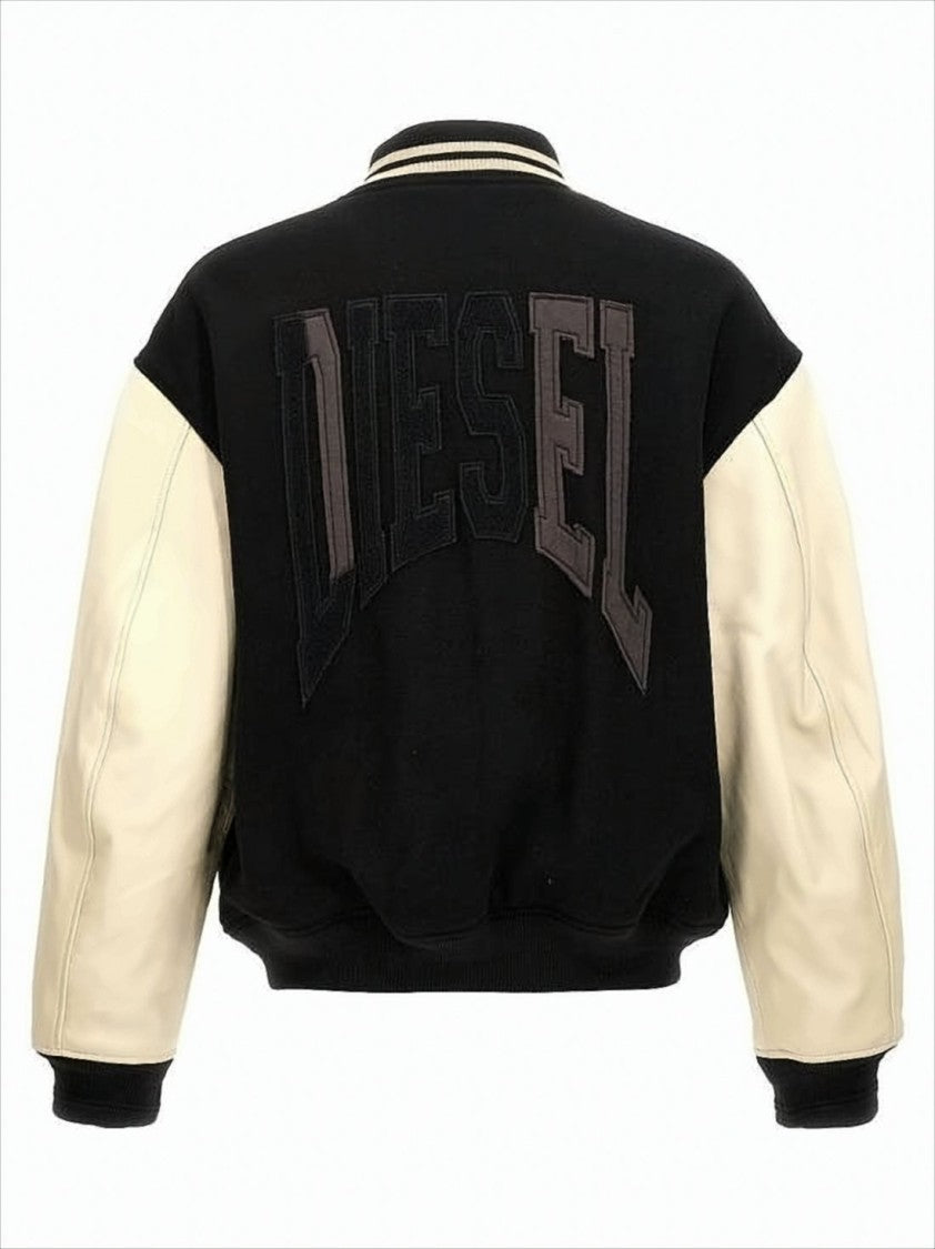 Diesel Varsity-Style Black Wool Bomber Jacket