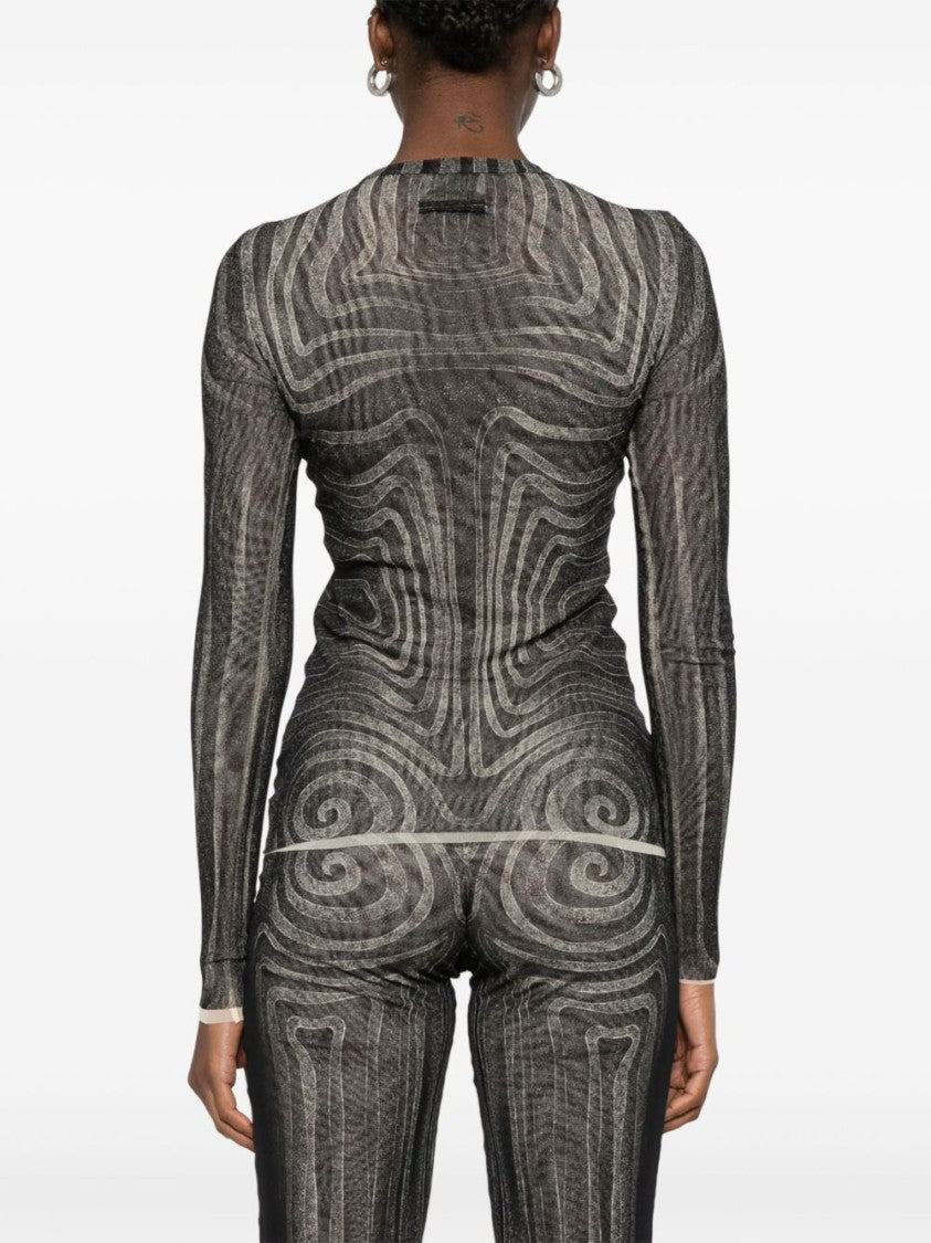 Jean Paul Gaultier Fitted Black Mesh Top With Spiral Print