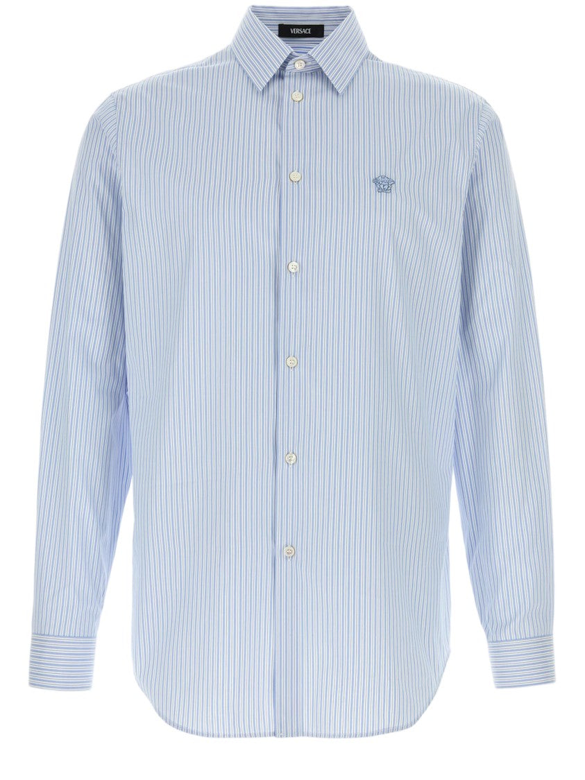 Versace Light Blue Striped Casual Shirt With Classic Collar