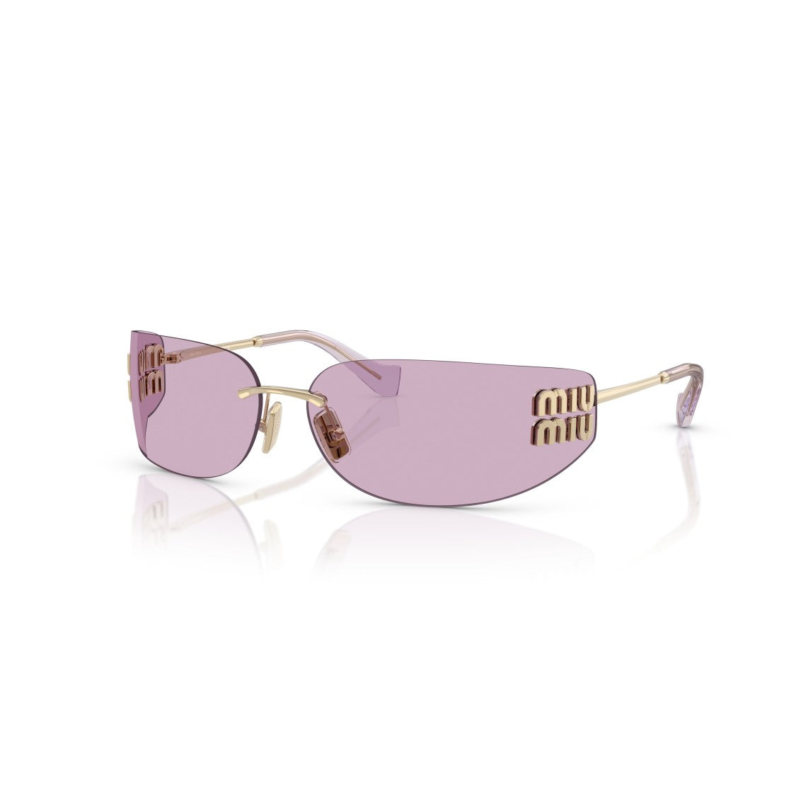 Miu Miu Rimless Sunglasses With Rectangular Purple Lenses And Gold Accents