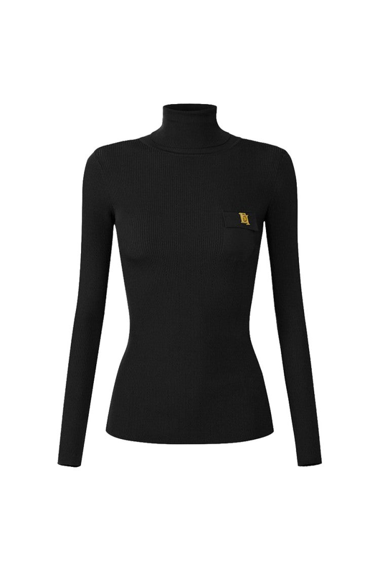 Elisabetta Franchi Black Ribbed Logo Patch Pocket Lyocell-Blend Turtleneck Sweater