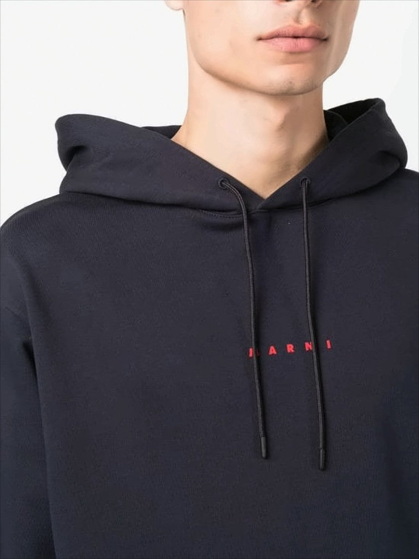 Marni Relaxed Fit Black Cotton Hoodie With Embroidered Logo