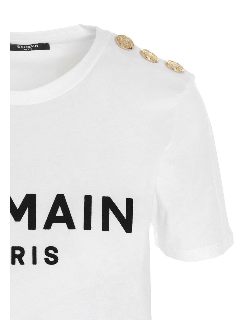 Balmain Logo Print Crewneck T-Shirt With Decorative Buttons