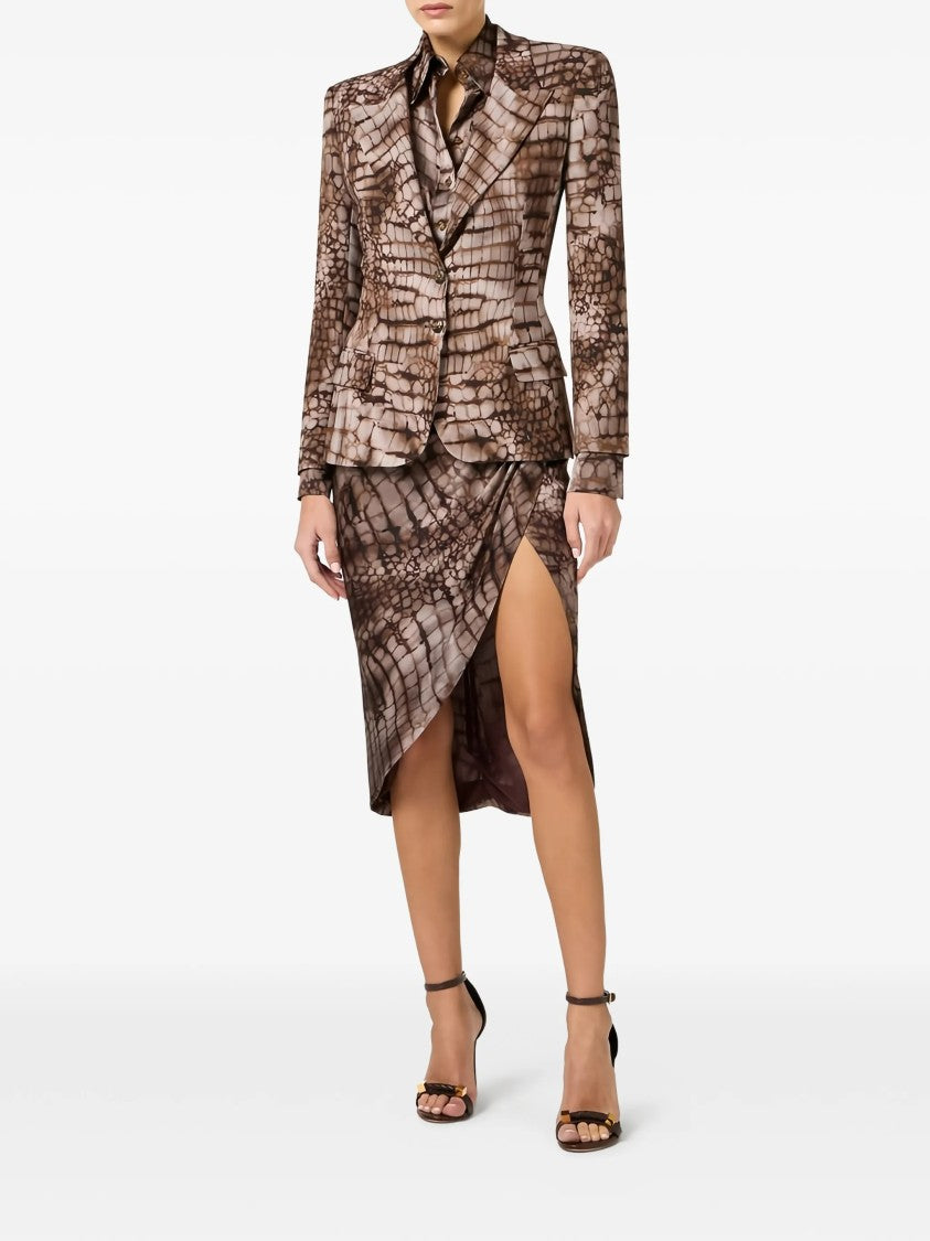 Elisabetta Franchi Tailored Brown Reptile Print Notch Blazer