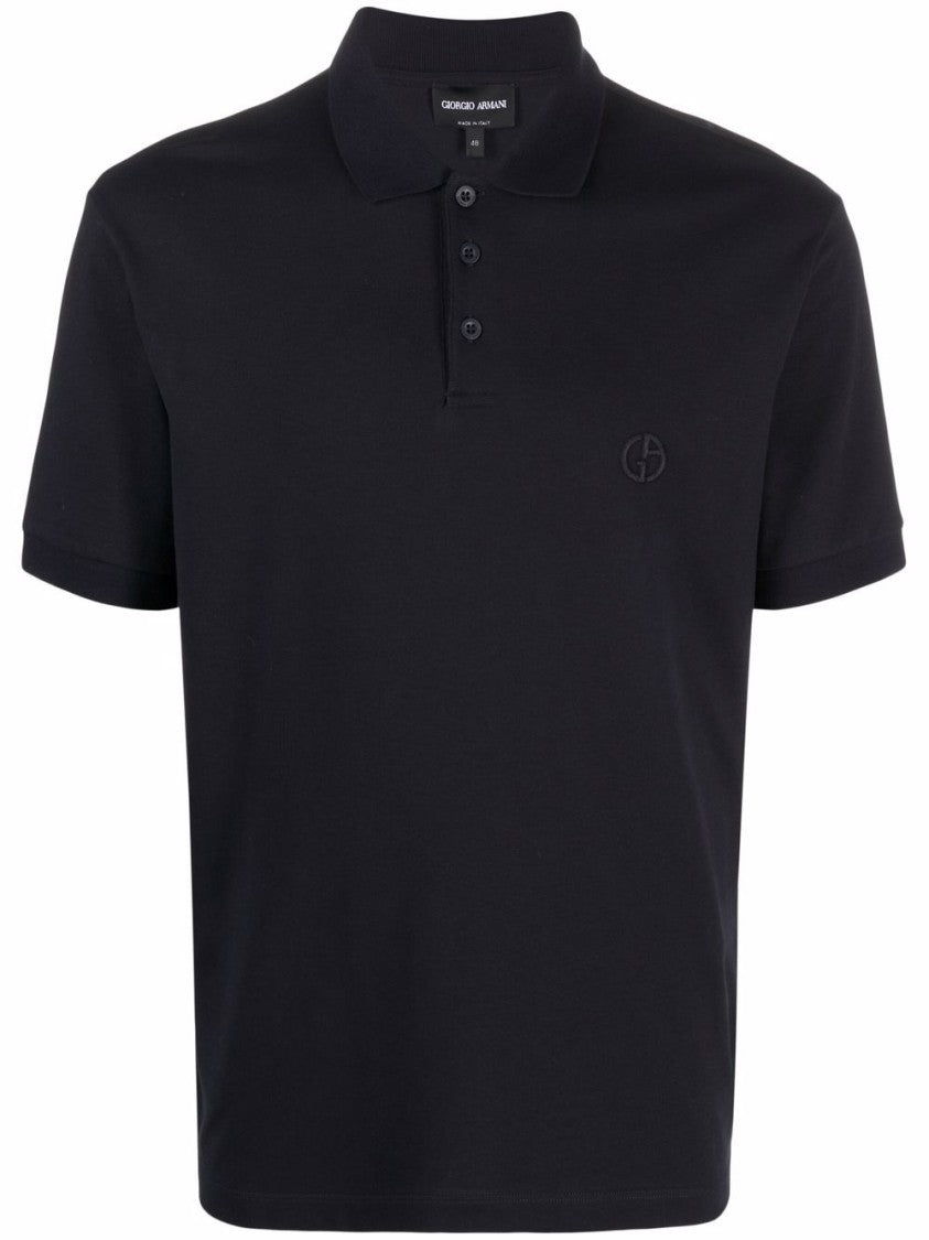 Giorgio Armani Navy Cotton Blend Polo With Embroidered Logo
