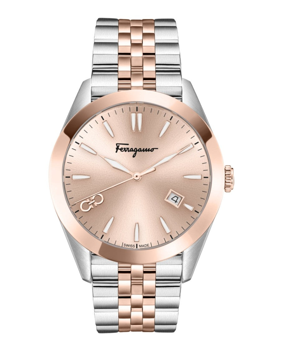 Ferragamo Two-Tone Bracelet Watch With Rose Gold Sunray Dial
