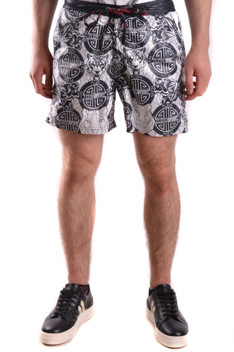 Plein Sport White Graphic Print Polyester Beach Shorts