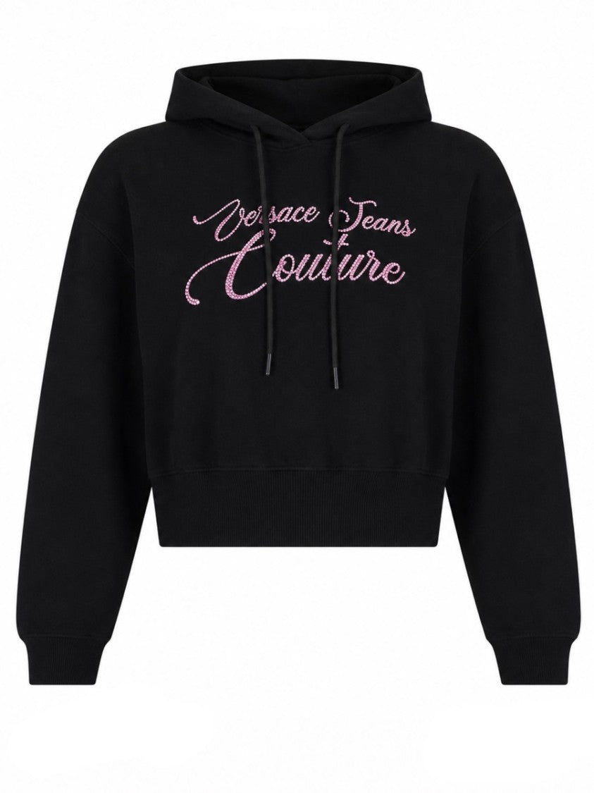 Versace Jeans Couture Cropped Drawstring Script Logo Cotton Hoodie