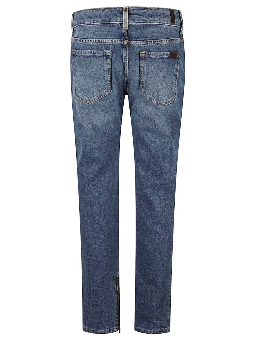 7 For All Mankind Mid-Blue Wash Skinny Jeans With Slit Hem Detail